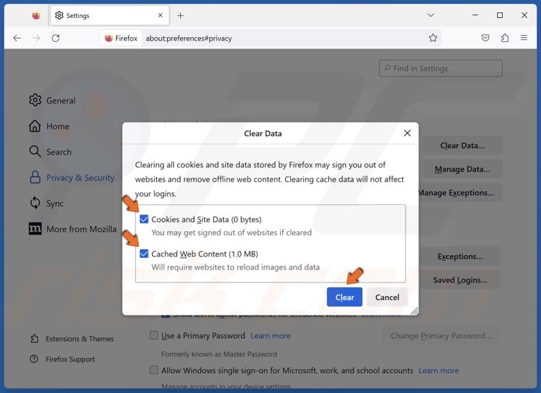 Mark the Cookies and Site Data and Cached Web Content checkboxes and click Clear