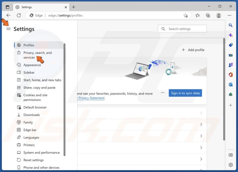 Select the Privacy, search and services panel