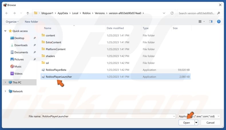 Select RobloxPlayerLauncher and click Open