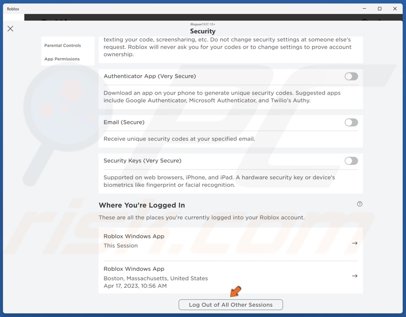 Click Log Out of All Other Sessions