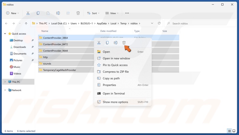 Select all files in the Roblox cache folder and delete them