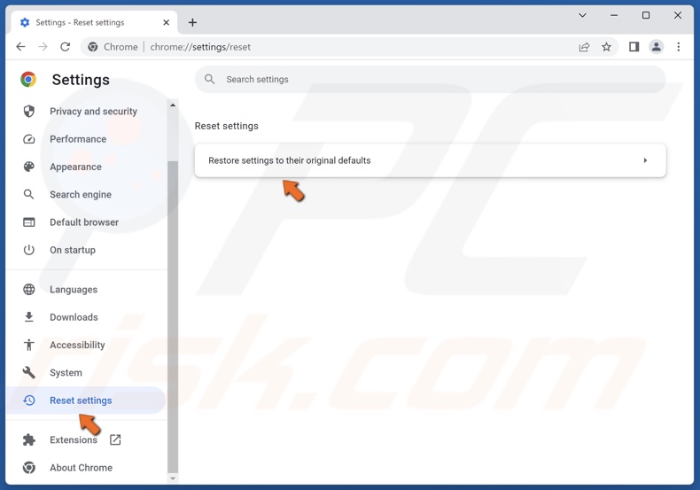 Select Reset settings and click Restoer settings to their original defaults