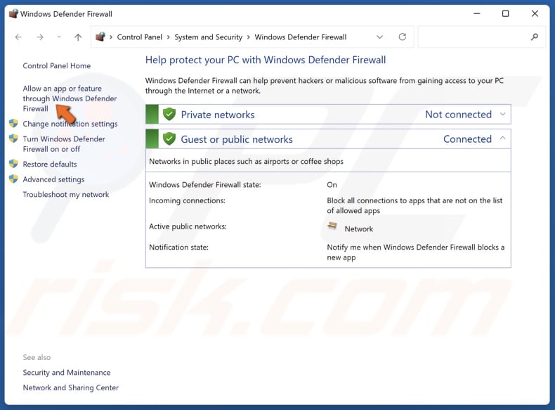 Click Allow an app or feature through Windows Defender Firewall