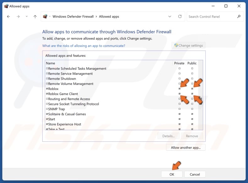 Mark the Public and Private checkboxes for Roblox and Roblox Game Client