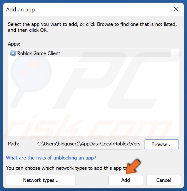 Click add to add Roblox Game Client