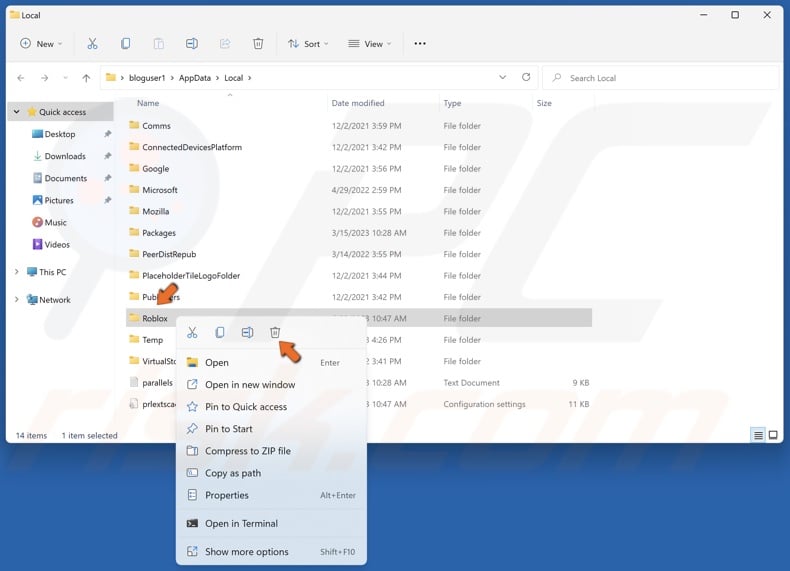 Right-click the Roblox folder and click Delete