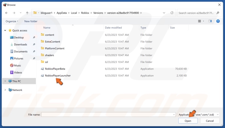 Select RobloxPlayerLauncher and click Open