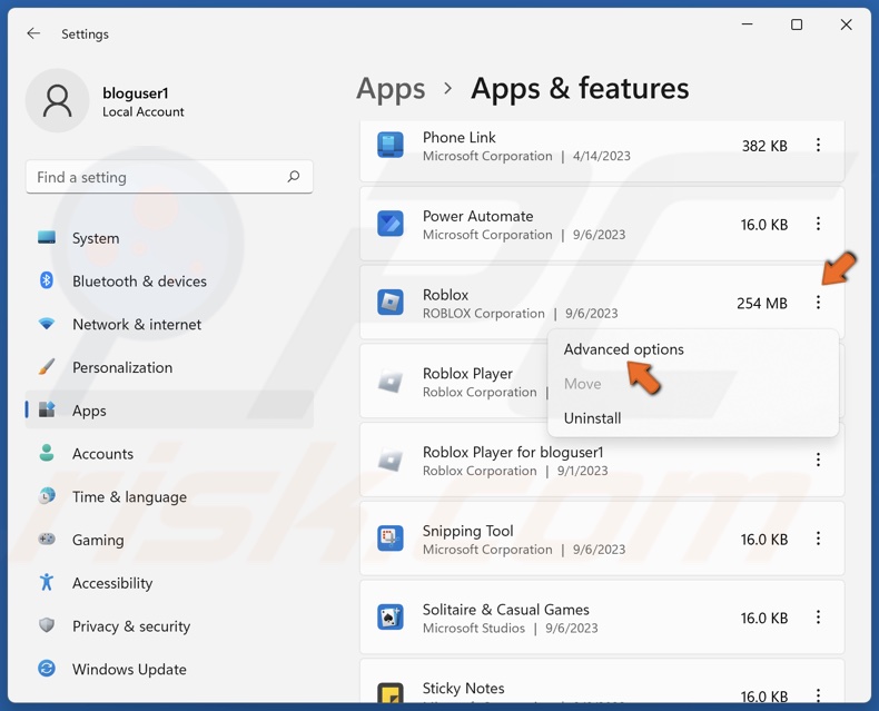 Click the three dots next to Roblox and click Advanced options