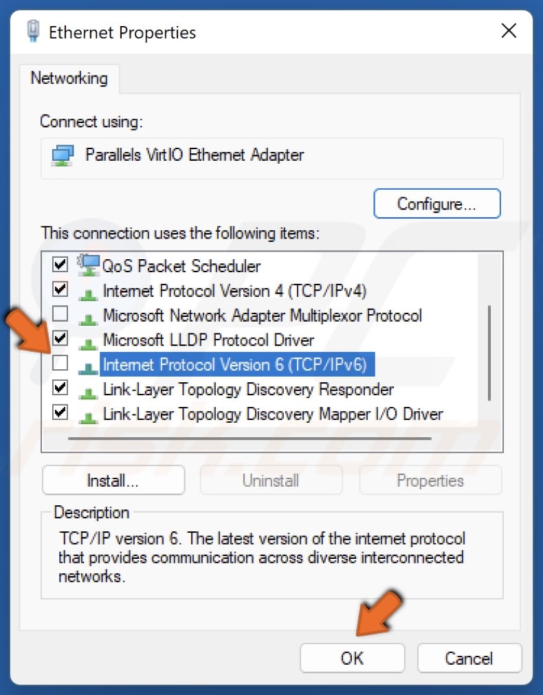 Unmark the Internet Protocol Version 6 checkbox and click OK