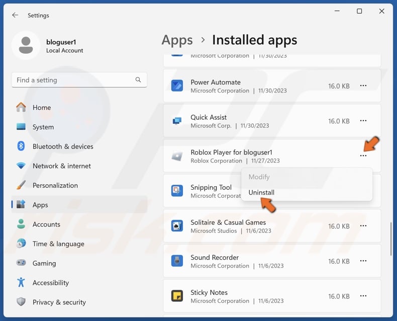 Click the three-dot button next to Roblox Player and click Uninstall