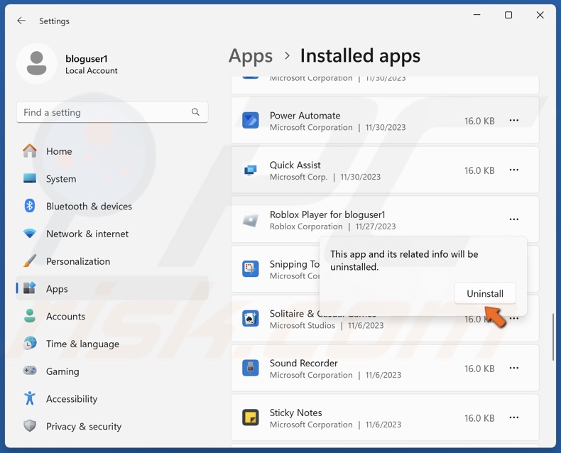 Click Uninstall again to confirm the removal