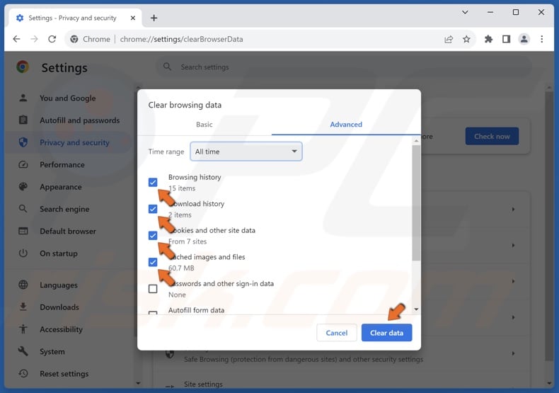 Ensure that the Browsing history, Download history, Cookies and other site data, and Cached images and files checkboxes are marked and click Clear data