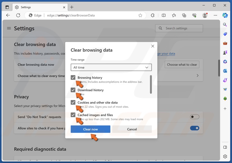 Ensure that the Browsing history, Download history, Cookies and other site data, and Cached images and files checkboxes are marked and click Clear now