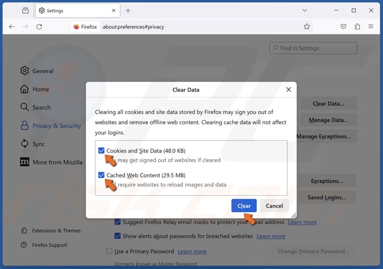 Ensure that the Cookies and Site Data and Cached Web Content checkboxes are marked and click Clear