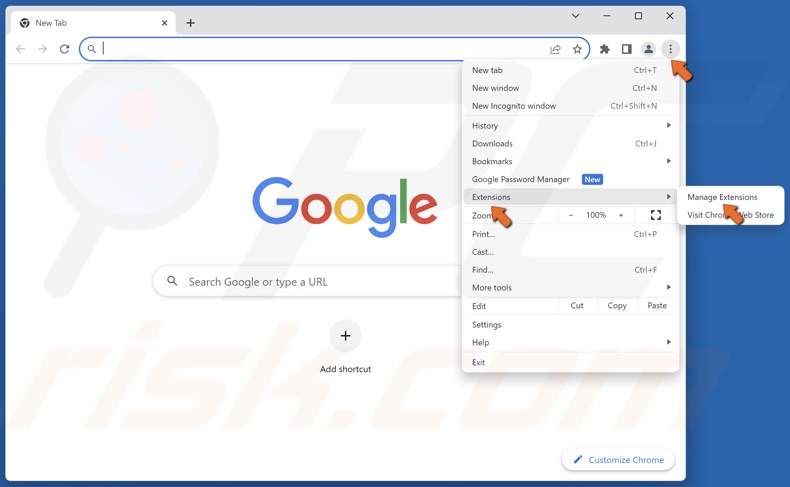 Open the Chrome menu, select Extensions, and click Manage Extensions