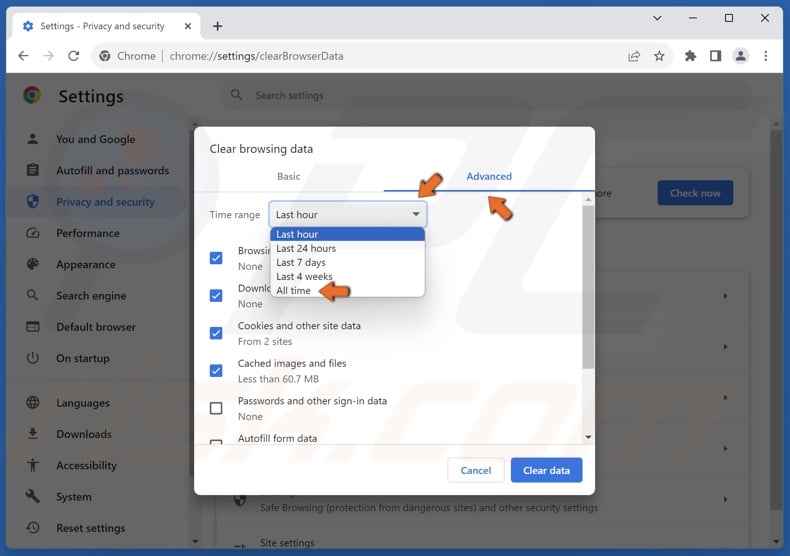 Select the Advanced tab, open the Time range menu and select All time