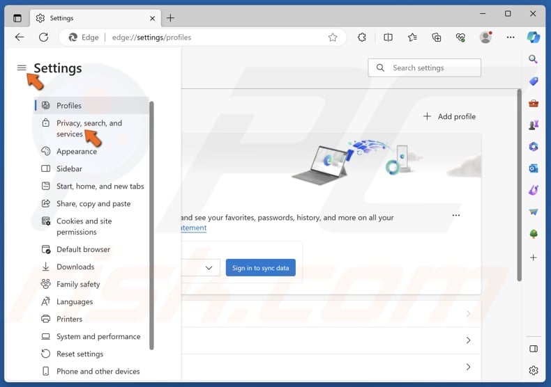 Select the Privacy, search, and services panel