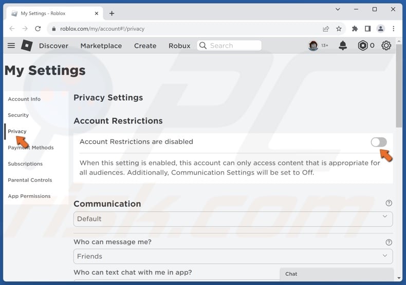Select Privacy tab and disable the Account Restrictions are disabled options