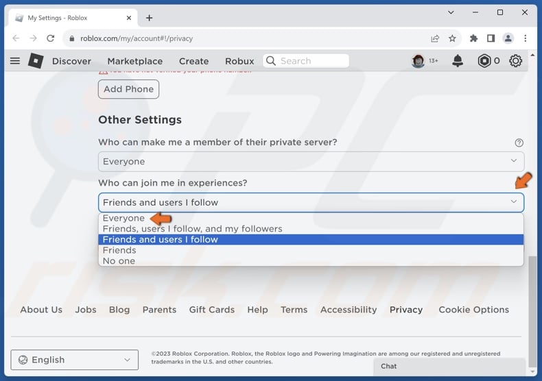 Set the Who can make me a member of their private server option to Everyone