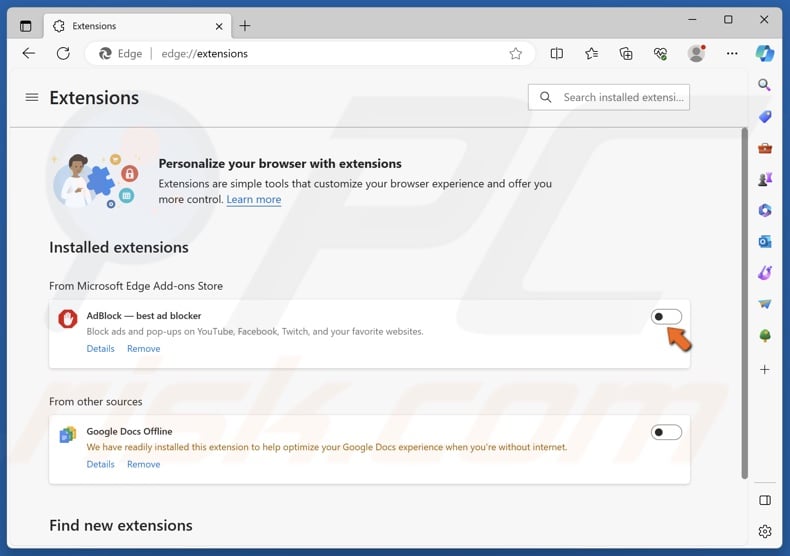 Disable adblock extensions on Edge