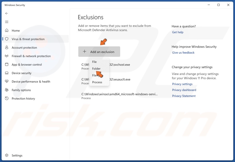 Click Add an exclusion and select Folder from the drop-down menu