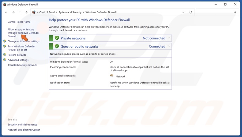 Click Allow an app or feature through Windows Defender Firewall