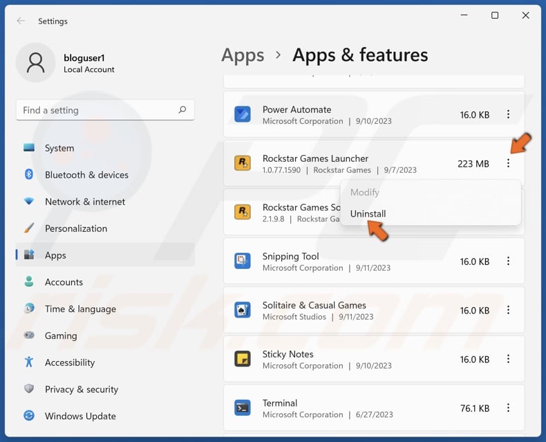 Click the three-dot button next to Rockstar Games Launcher and click Uninstall
