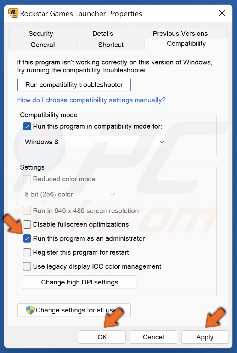 Mark the Run this program as an administrator checkbox