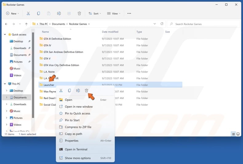 Right-click the Launcher folder and click Delete