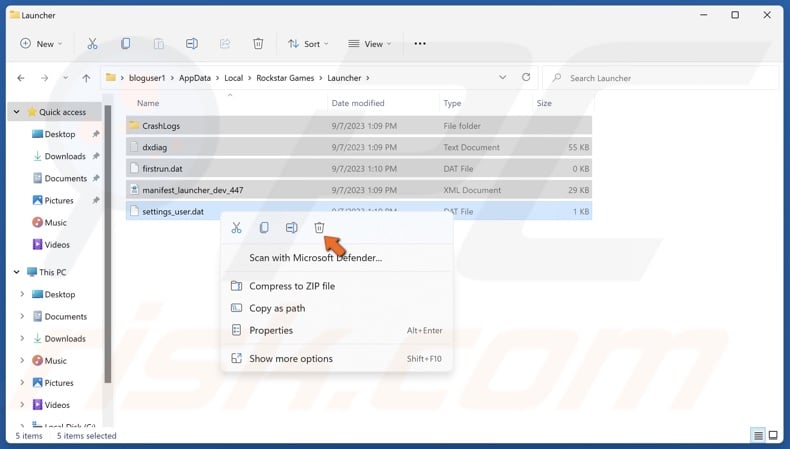 Hold down Ctrl+A keys to select all of the contents in the folder, right-click the selected files and click Delete