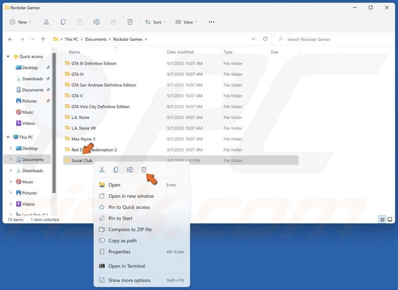 Right-click the Social Club folder and click Delete