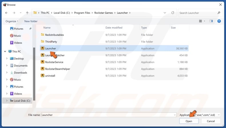 Select Launcher.exe and click Open