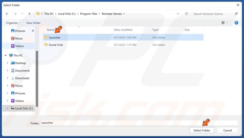 Select the Launcher folder and click Select Folder