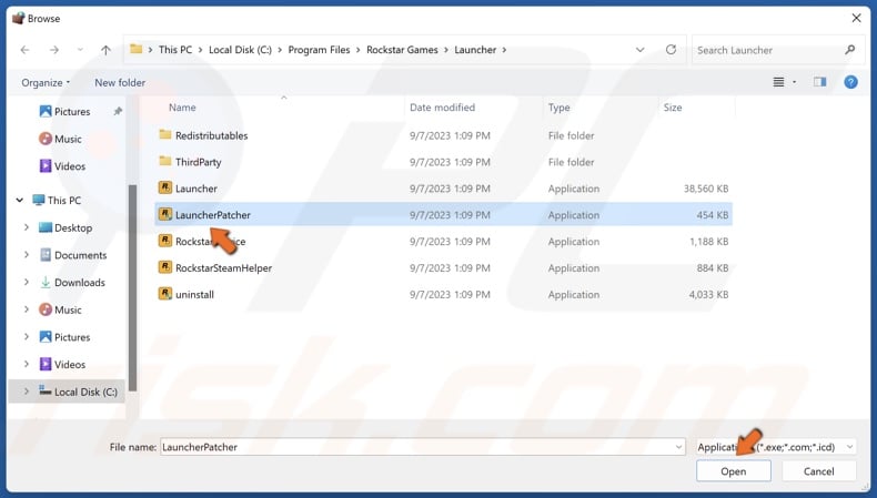 Select LauncherPatcher.exe and click Open