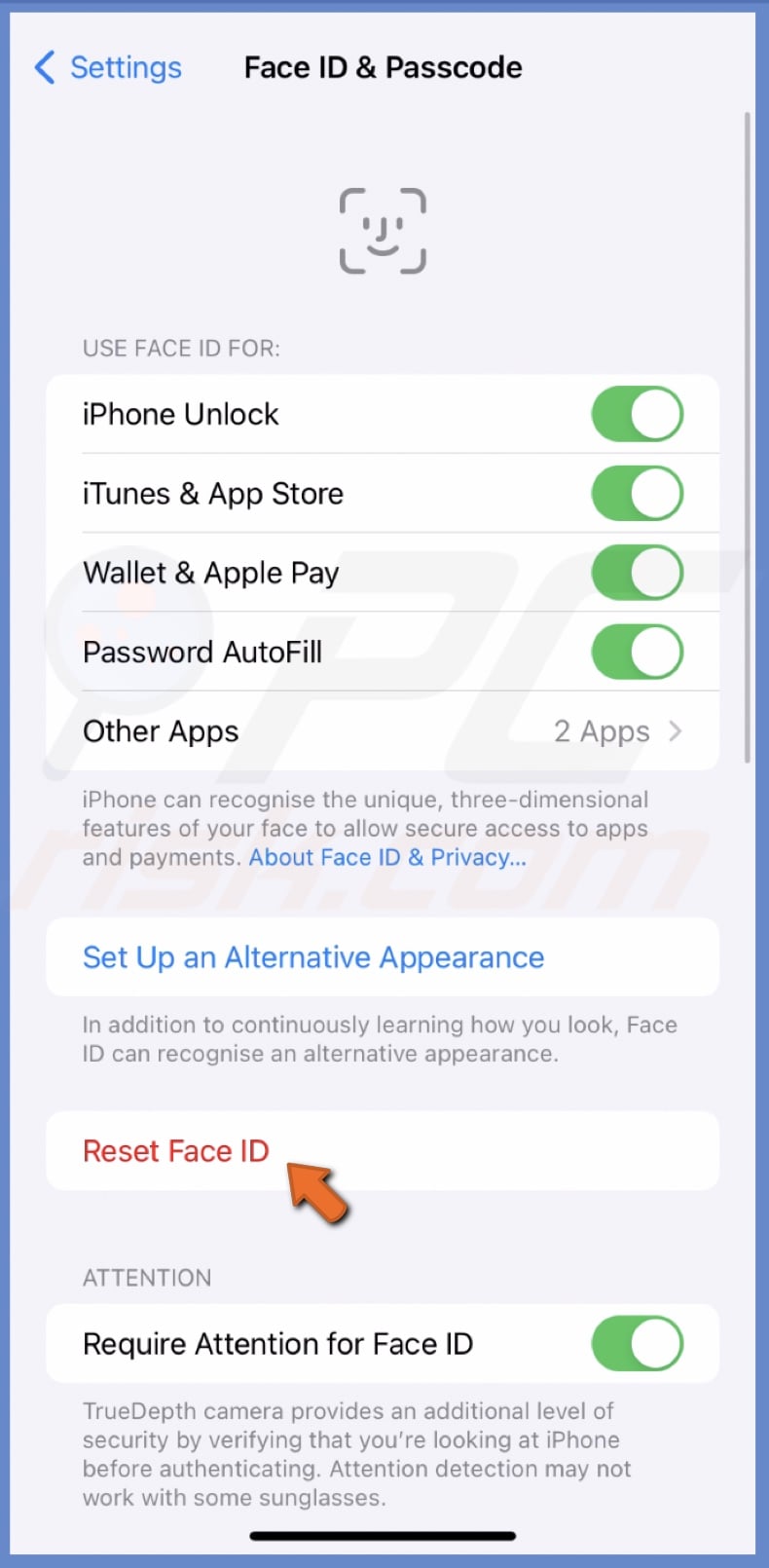 Tap Reset Face ID