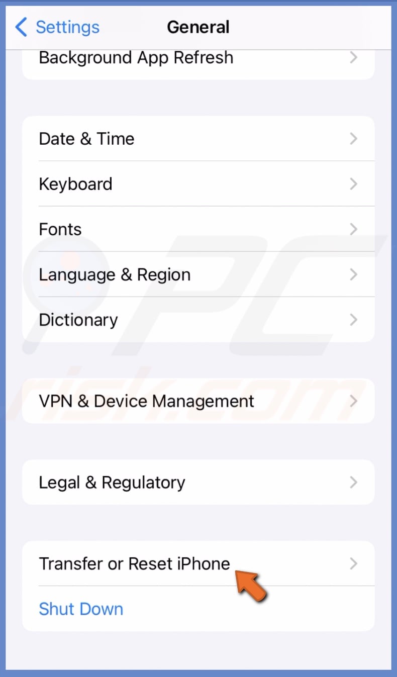 Tap Transfer or Reset iPhone