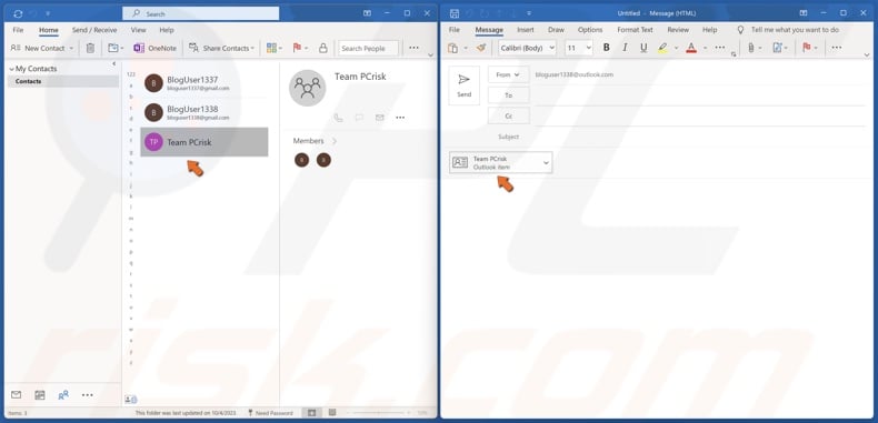 Drag and drop the contact list into the email message body section