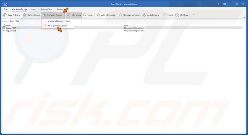 Click Forward Group and click In Internet Format (vCard) or As an Outlook Contact