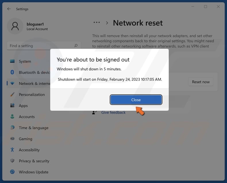 Click Close when prompted