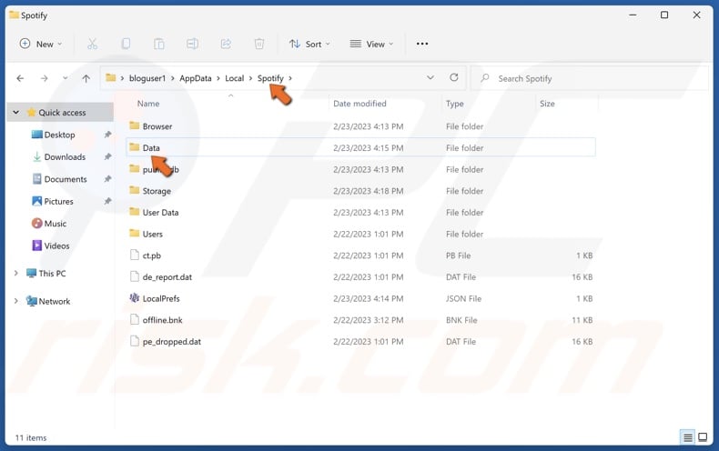 Go back to the Spotify folder and access the Data folder