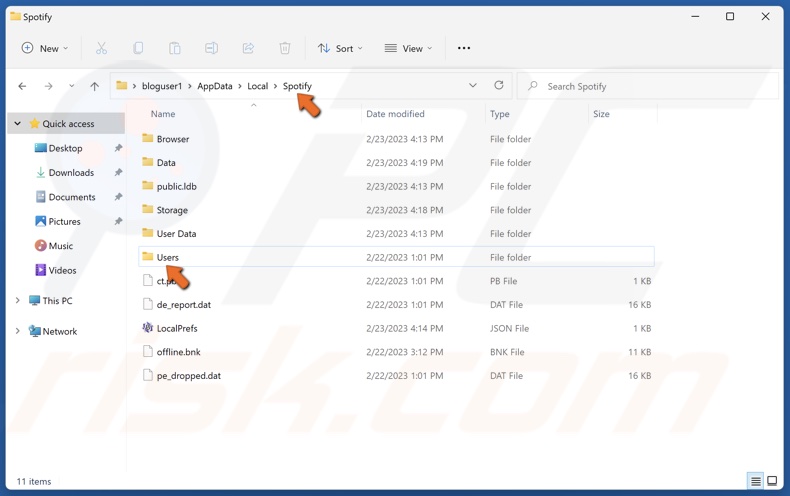 Go back to the Spotify folder and access the Users folder