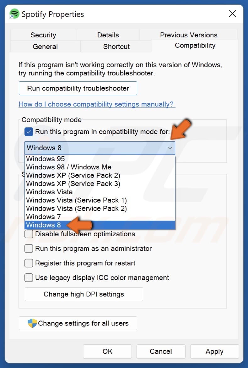 Open the Compatibility mode drop-down menu and select Windows 8