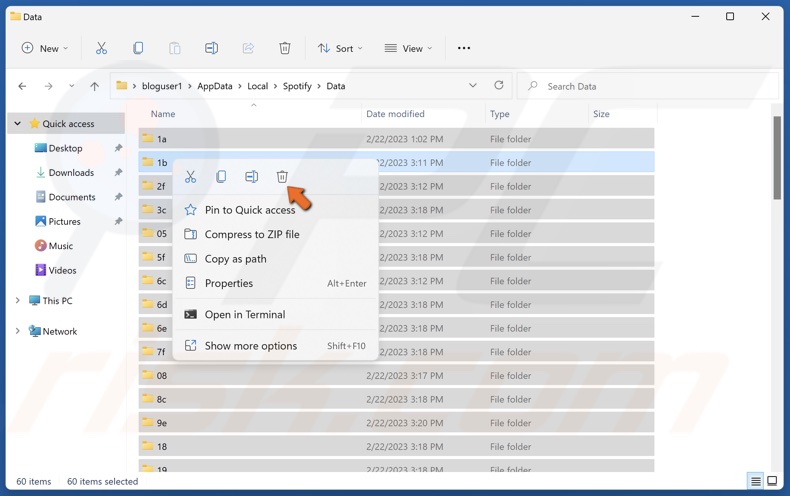 Select all files in the Dta folder, right-click the selected files and click Delete