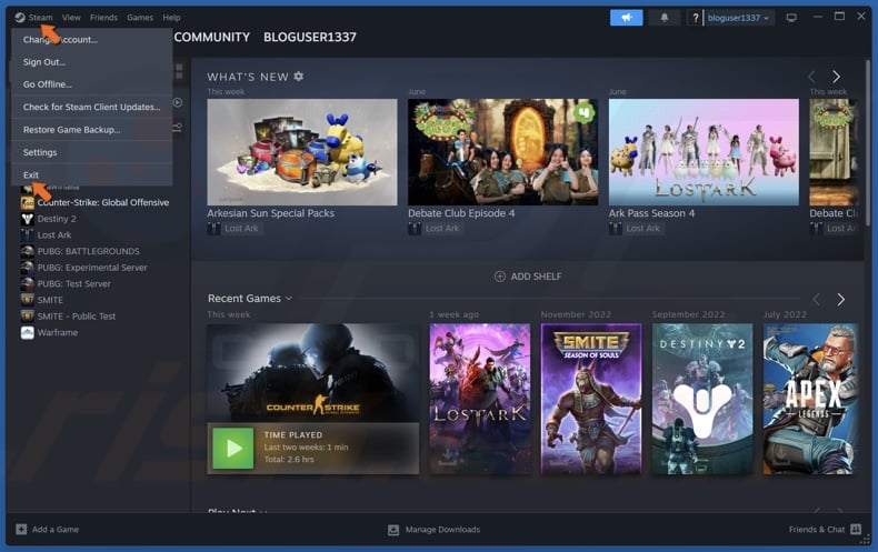 Click Steam in the menu bar and click Exit