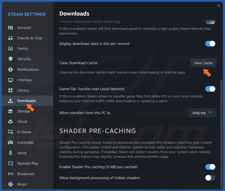 Select Downloads and click Clear Cache