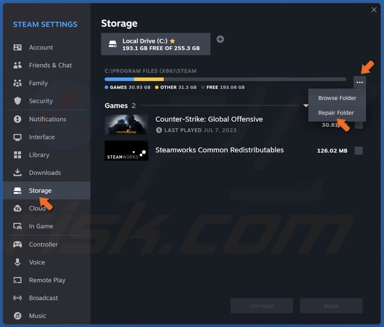 Select Storage, click the three-dot button next to your library and click Repair Folder