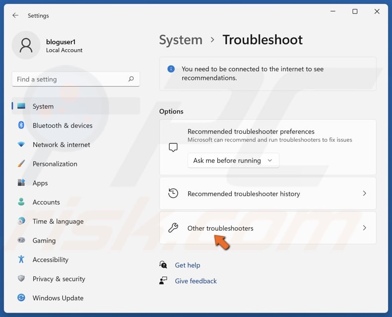 Select Other troubleshooters