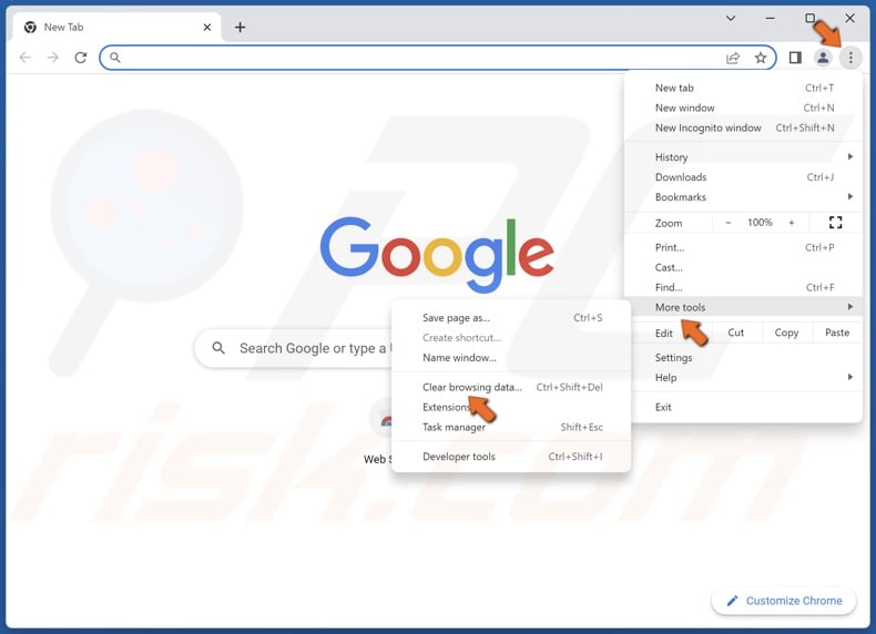 Click the ellipsis, select More tools and click Clear browsing data