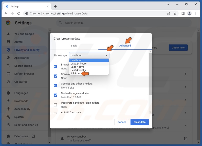Select the Advanced tab, open the Time range drop-down menu and select All time