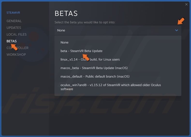 Select the Betas panel, open the betas drop-down menu and select SteamVR Beta Update
